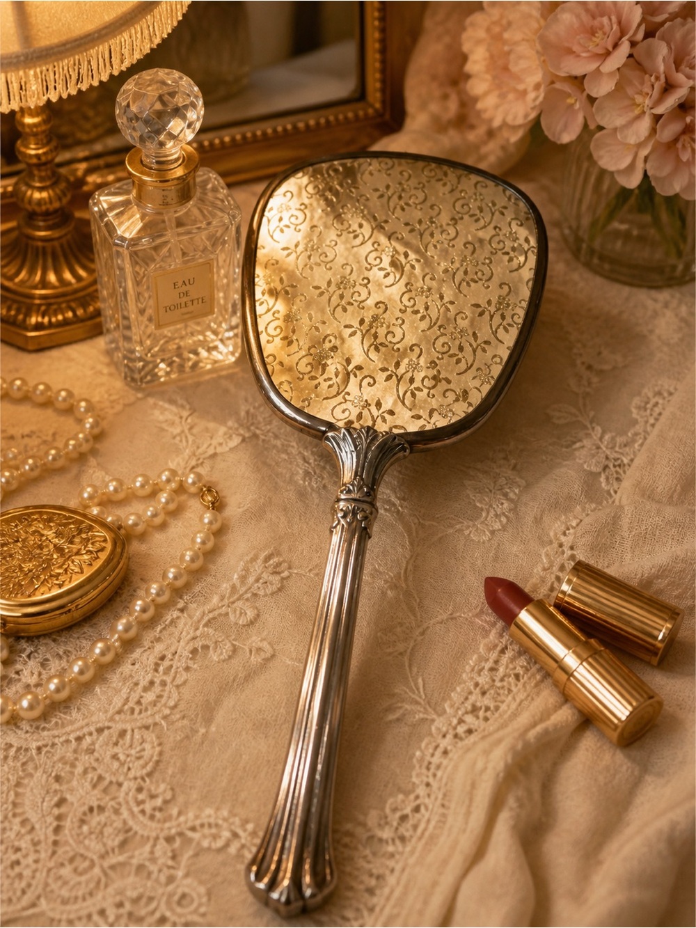 Vintage Vanity Hand Mirror Ornate Gold Floral Etched Glass Silver Handle